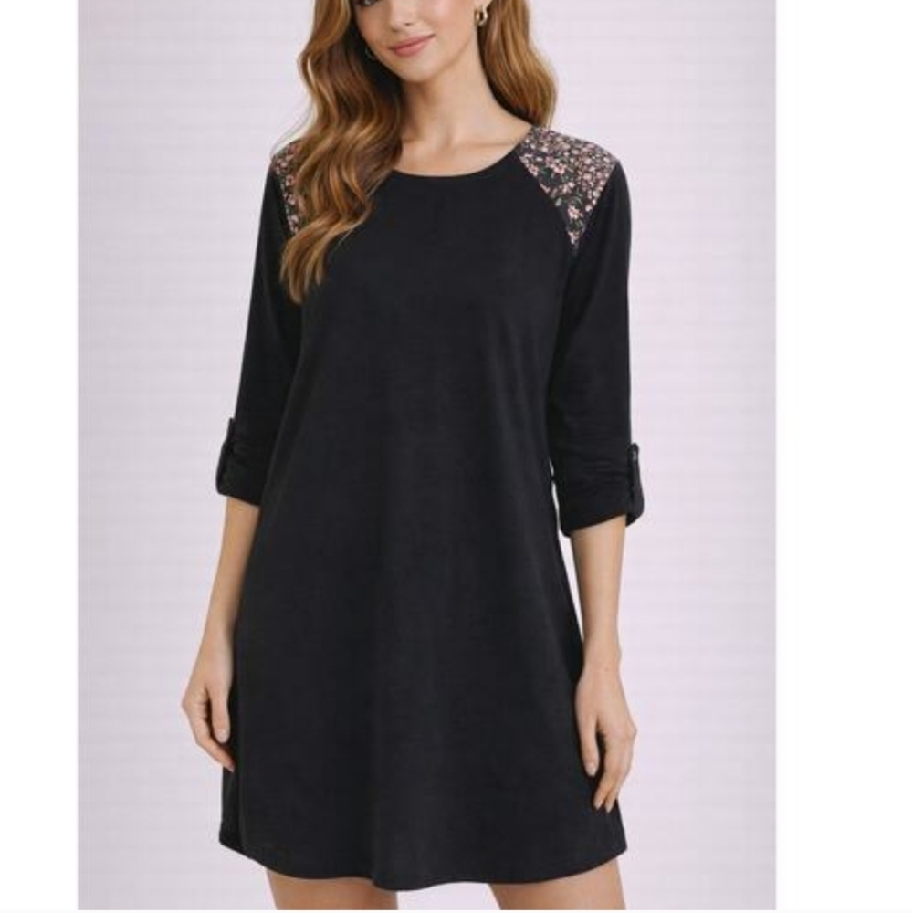 Evy's Tree The Kylie Black Dress Floral Shoulder Panels Size Large